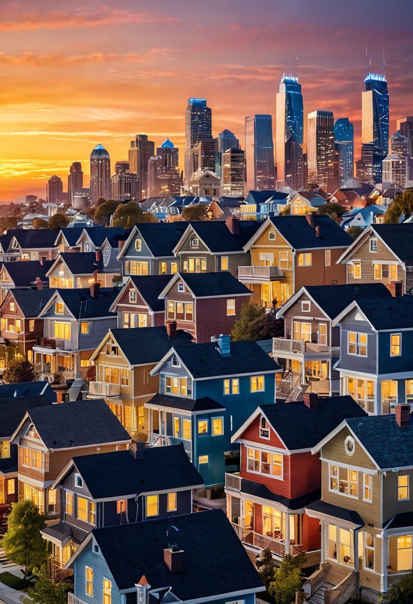 An intricate cityscape with modern homes and for-sale signs, highlighting diverse architectural styles to represent the real estate market. Include a dynamic graph overlay showing fluctuating housing trends, with buyers and sellers conversing next to a sleek real estate agent. Soft sunset lighting to convey a welcoming atmosphere. vibrant colors. 3D. futuristic.