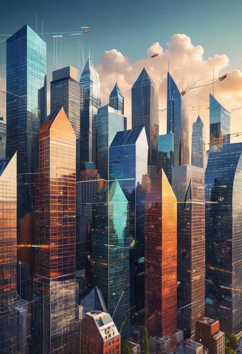 A dynamic city skyline showcasing various architectural styles symbolizing different housing trends, with overlaying upward and downward arrows representing market fluctuations. Include graphs and charts subtly in the background to signify data-driven insights. The scene should feel lively and modern, depicting a mix of residential, commercial, and urban spaces bustling with activity. vibrant colors. super-realistic.
